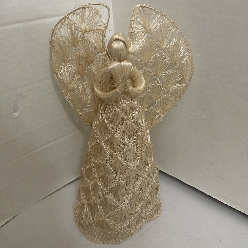 Vintage Corn Silk Abaca Angel Ornament 12” Tree Topper Christmas Decoration